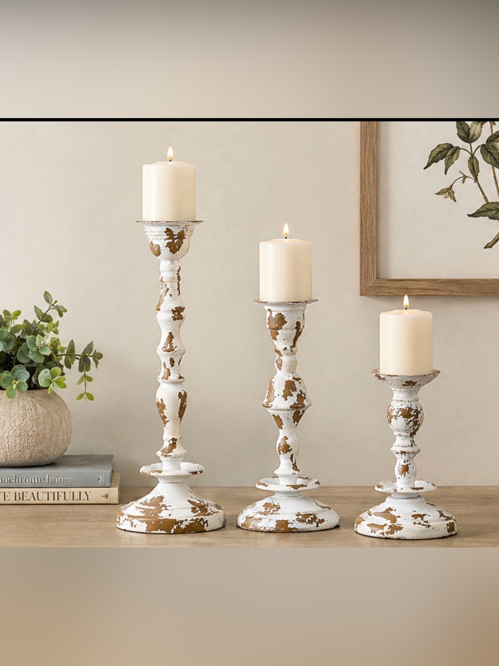 ✨ Deco 79 Set of 3 Distressed White & Gold Candle Holders